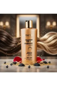 Flacon doré de shampoing L'Oramel au collagène et caviar entouré de mèches de cheveux soyeuses et de perles noires.