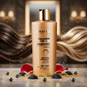 Flacon doré de shampoing L'Oramel au collagène et caviar entouré de mèches de cheveux soyeuses et de perles noires.