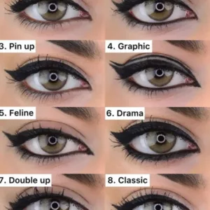 Huit gros plans d'yeux montrant différents styles de tracés d'eyeliner noir : Smooth, Pin up, Feline et Drama.
