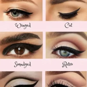 Guide visuel de styles d'eyeliner pour mariées : Winged, Cat, Smudged, Retro, Double Mod et Cut Crease sur différents yeux.