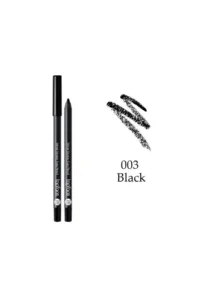 Crayon yeux noir Topface Velvet Smokey N°003 avec échantillon de texture crémeuse et pigments intenses sur fond blanc.