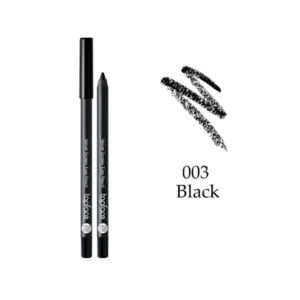 Crayon yeux noir Topface Velvet Smokey N°003 avec échantillon de texture crémeuse et pigments intenses sur fond blanc.