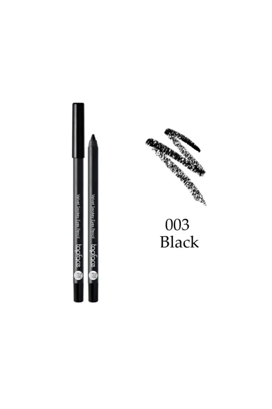 TOPFACE-CRAYON-YEUX-VELVET-SMOKY-EYES-N-003-1 Crayon yeux noir Topface Velvet Smokey N°003 avec échantillon de texture crémeuse et pigments intenses sur fond blanc.
