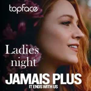 Affiche promotionnelle Topface "Ladies Night" montrant une femme de profil avec des fleurs roses en arrière-plan.