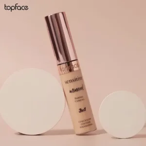 Correcteur 3-en-1 Topface Sensitive Mineral N002 Rose Beige, enrichi en prébiotiques pour peaux sensibles et sèches.