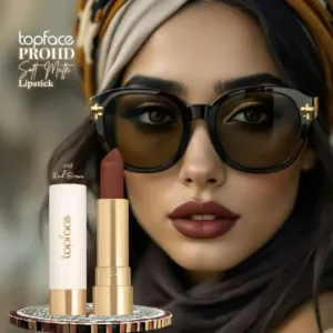 Rouge à lèvres Topface Soft Matte N008 Red Brown sur mannequin avec lunettes de soleil, fini mat velouté et chic.