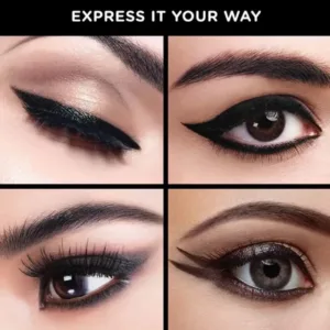 Un collage de quatre photos de close-up de différents styles de maquillage des yeux avec de l'eyeliner noir.
