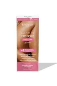 Boîte de 24 bandes de cire froide Byphasse et 4 lingettes pour épilation jambes et corps, spéciale peaux sensibles.