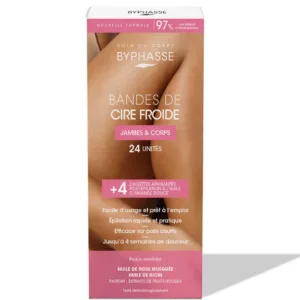 Boîte de 24 bandes de cire froide Byphasse et 4 lingettes pour épilation jambes et corps, spéciale peaux sensibles.