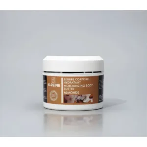 Pot de beurre corporel hydratant K-REINE à l'amande et beurre de karité pour peaux sèches, format 250 ml.