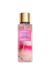 Flacon transparent de brume parfumée Victoria's Secret Cherry Blossoming 250ml avec fleurs roses et bouchon doré.