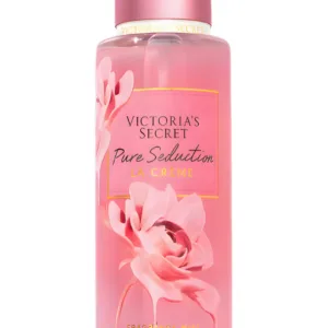Flacon rose de brume parfumée Pure Seduction La Crème Victoria's Secret avec illustrations de fleurs de cerisier onctueuses.