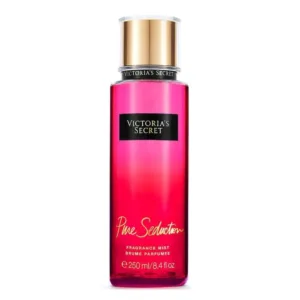 Flacon rose de brume parfumée Pure Seduction de Victoria's Secret, 250 ml, avec bouchon doré sur fond blanc épuré.