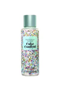 Brume parfumée Victoria's Secret Cake Confetti, flacon de 250ml au design festif multicolore avec bouchon bleu menthe.