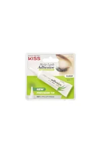 Emballage de colle à cils Kiss transparente à l'aloès, tube avec embout de précision sur fond blanc et vert, 7g.