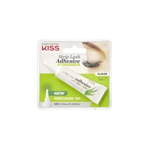 Emballage de colle à cils Kiss transparente à l'aloès, tube avec embout de précision sur fond blanc et vert, 7g.