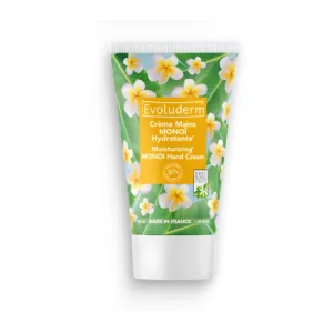 Tube de Crème Mains Monoï Evoluderm 50ml décoré de fleurs de tiaré et feuilles de palmier, fabriqué en France.