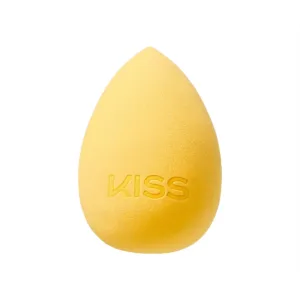 Éponge de maquillage jaune KISS New York en forme de larme avec logo gravé, texture mousse fine pour un fini sans traces.