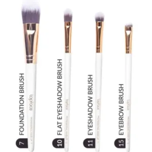 Vue détaillée des pinceaux Topface : Fond de teint, Correcteur, Fard et Sourcils avec manches blancs et embouts dorés.