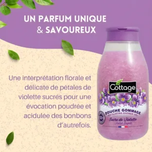 Publicité Gel Douche Gommage Cottage Sucre de Violette avec illustration de pétales de fleurs et grains exfoliants.