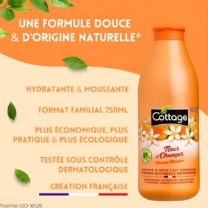 Flacon Cottage Fleur d'Oranger 750ml, formule 97% origine naturelle, hydratante, moussante et fabriquée en France.