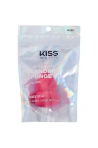 Éponge à maquillage Kiss New York rose fuchsia dans son emballage transparent et holographique, avec fermeture zippée.