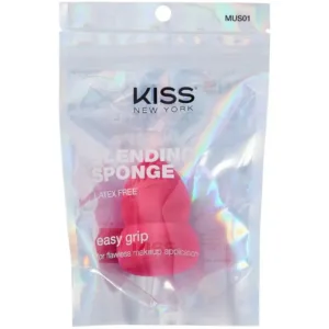 Éponge à maquillage Kiss New York rose fuchsia dans son emballage transparent et holographique, avec fermeture zippée.