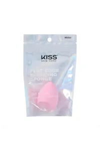 Éponge rose Kiss New York 3-en-1 avec bord plat, pointe de précision et base arrondie dans son emballage holographique.