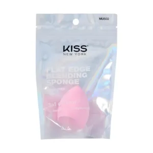 Éponge rose Kiss New York 3-en-1 avec bord plat, pointe de précision et base arrondie dans son emballage holographique.