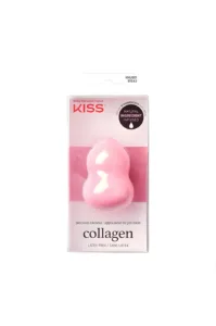 Éponge de maquillage rose KISS infusée au collagène, forme goutte de précision, sans latex pour application fond de teint.