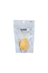 Éponge de maquillage KISS New York Teardrop jaune dans son emballage argenté hermétique, modèle MUS03 sans latex.