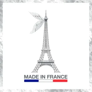 Logo "Made in France" avec drapeau tricolore et illustration de la Tour Eiffel, garantissant une fabrication française.