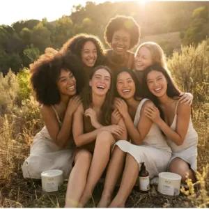 Groupe de femmes souriantes en plein air entourées de produits de cire RICA (Olive, Azulène), prônant la beauté inclusive.