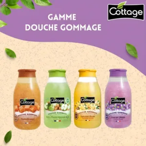 Alignement de quatre flacons Douche Gommage Cottage : Caramel, Pomme croquante, Vanille et Sucre de Violette.
