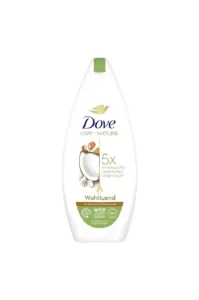 Gel douche Dove Care by Nature Wohltuend à l'huile de noix de coco et extrait d'amande, flacon blanc de 225 ml original.