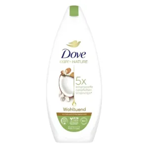 Gel douche Dove Care by Nature Wohltuend à l'huile de noix de coco et extrait d'amande, flacon blanc de 225 ml original.
