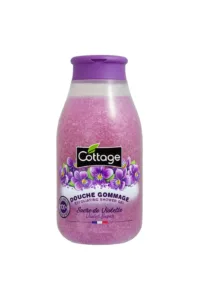 Flacon de gel douche gommage Cottage au sucre de violette avec grains exfoliants naturels et fleurs de violettes illustrées.
