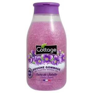 Flacon de gel douche gommage Cottage au sucre de violette avec grains exfoliants naturels et fleurs de violettes illustrées.