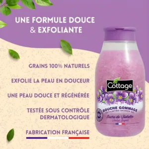 Visuel publicitaire du Gel Douche Gommage Cottage Sucre de Violette avec grains exfoliants naturels et mention "Fabriqué en France".
