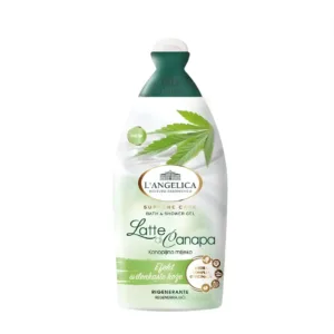 Flacon de gel douche L’Angelica au lait de chanvre, packaging blanc et vert avec une feuille de cannabis et fleurs de coton.