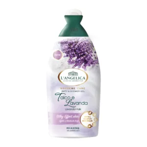 Flacon de gel douche L'Angelica à la lavande et au talc, décoré de fleurs violettes pour un effet peau soyeuse 500ml.