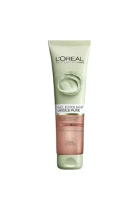 Tube de gel exfoliant L'Oréal Paris Argile Pure aux algues rouges pour nettoyer, désincruster et resserrer les pores.