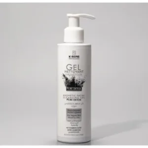 Flacon pompe blanc de Gel Nettoyant Magnétique K-REINE au charbon actif pour purifier en douceur les peaux mixtes à grasses.