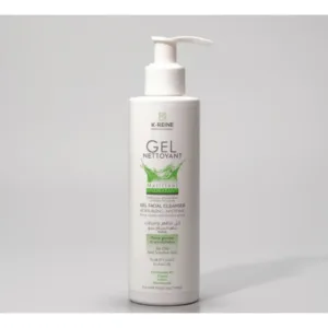 Flacon pompe blanc de Gel Nettoyant K-Reine pour peaux grasses et sensibles, enrichi en Provitamine B5 et Niacinamide.