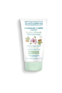 Tube de gommage corps Evoluderm Douceur d'Amande 150ml, certifié végan et fabriqué en France, sur fond blanc.