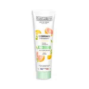 Tube de gommage visage Evoluderm aux agrumes, formule 98% naturelle et végane, enrichie en pamplemousse et citron tonifiants.