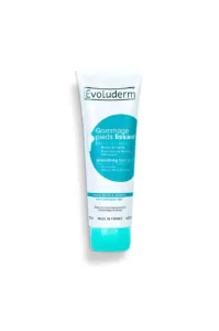 Tube de gommage pieds lissant Evoluderm blanc et bleu turquoise, enrichi au beurre de karité et roche volcanique.