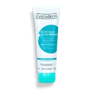 Tube de gommage pieds lissant Evoluderm blanc et bleu turquoise, enrichi au beurre de karité et roche volcanique.