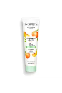 Tube de Gommage Velours Pêche Evoluderm 150g, soin visage exfoliant naturel aux noyaux d'abricot, fabriqué en France.