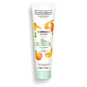 Tube de Gommage Velours Pêche Evoluderm 150g, soin visage exfoliant naturel aux noyaux d'abricot, fabriqué en France.